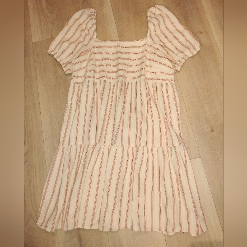 ☀️🌊Loft Puff Sleeve Square Neckline Terracotta Striped Tiered  Minidress 6